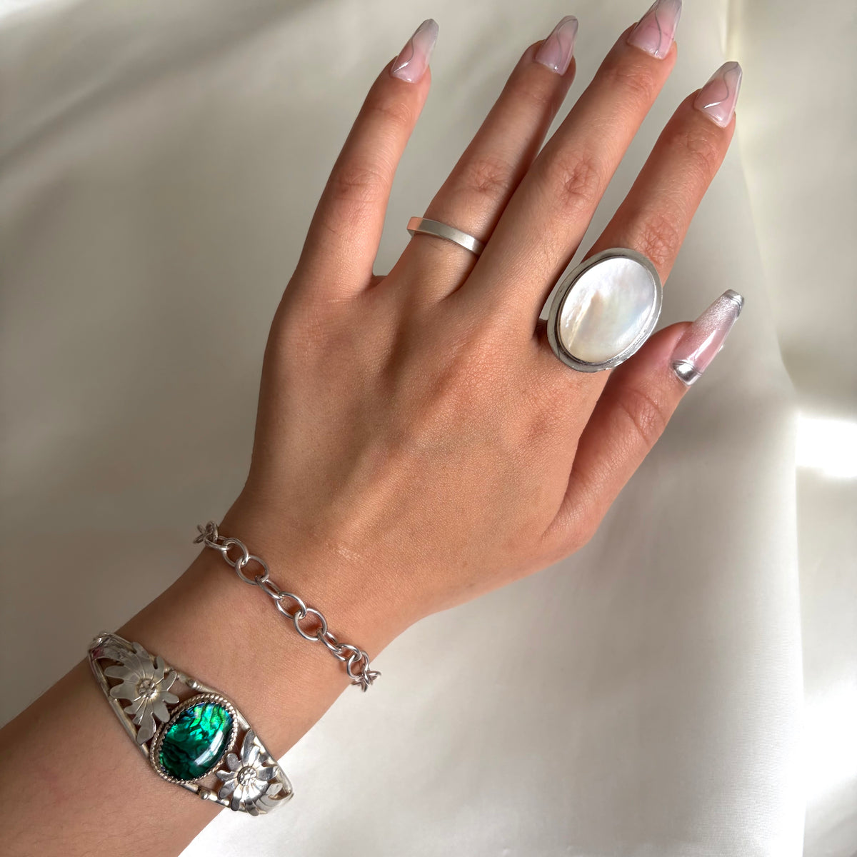 Vintage Sterling Green Abalone Floral Cuff