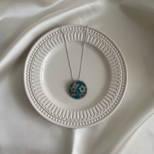 Vintage Sterling Turquoise Inlay Floral Pendant