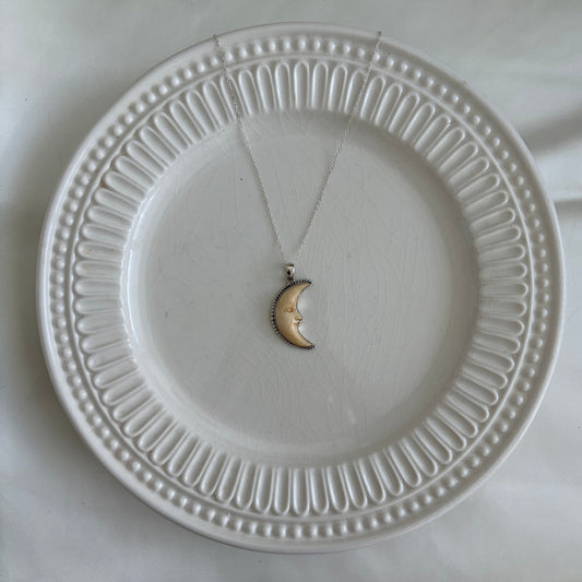 Modern Sterling Crescent Moon Face Necklace