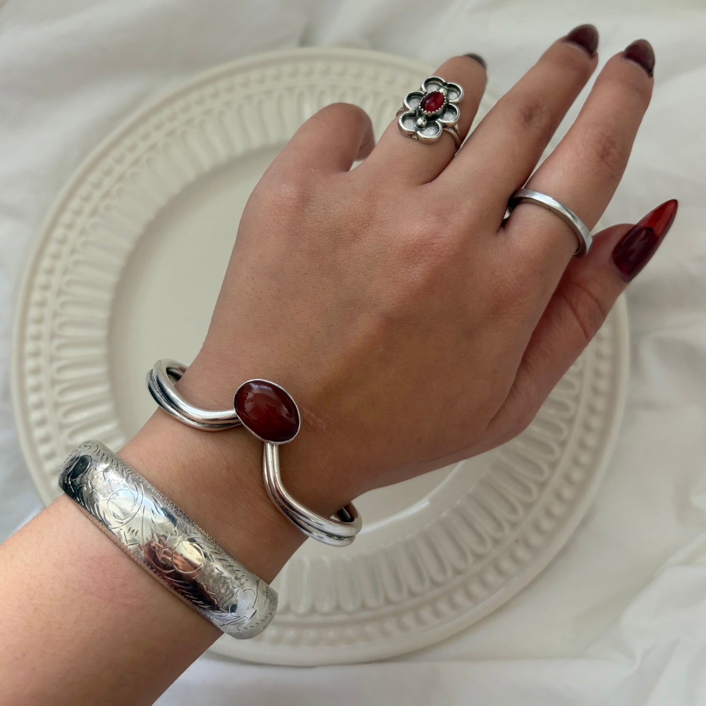Vintage Sterling Silver Carnelian Cuff