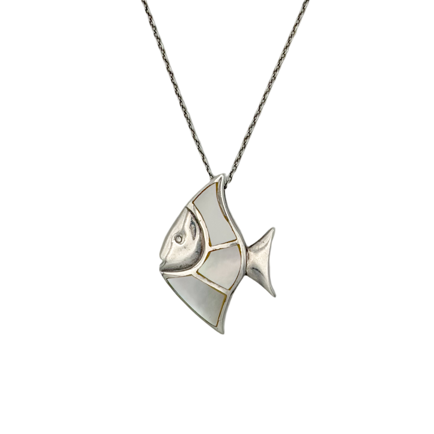 Vintage Sterling Mother of Pearl Fish Necklace