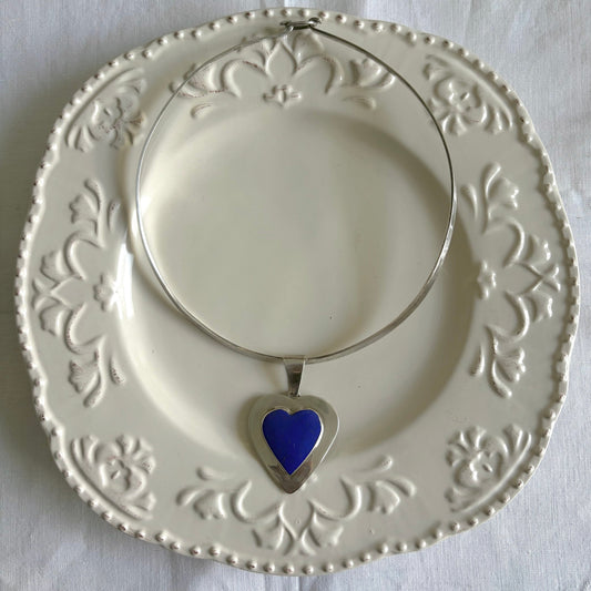 Vintage Sterling Lapis Heart Torque