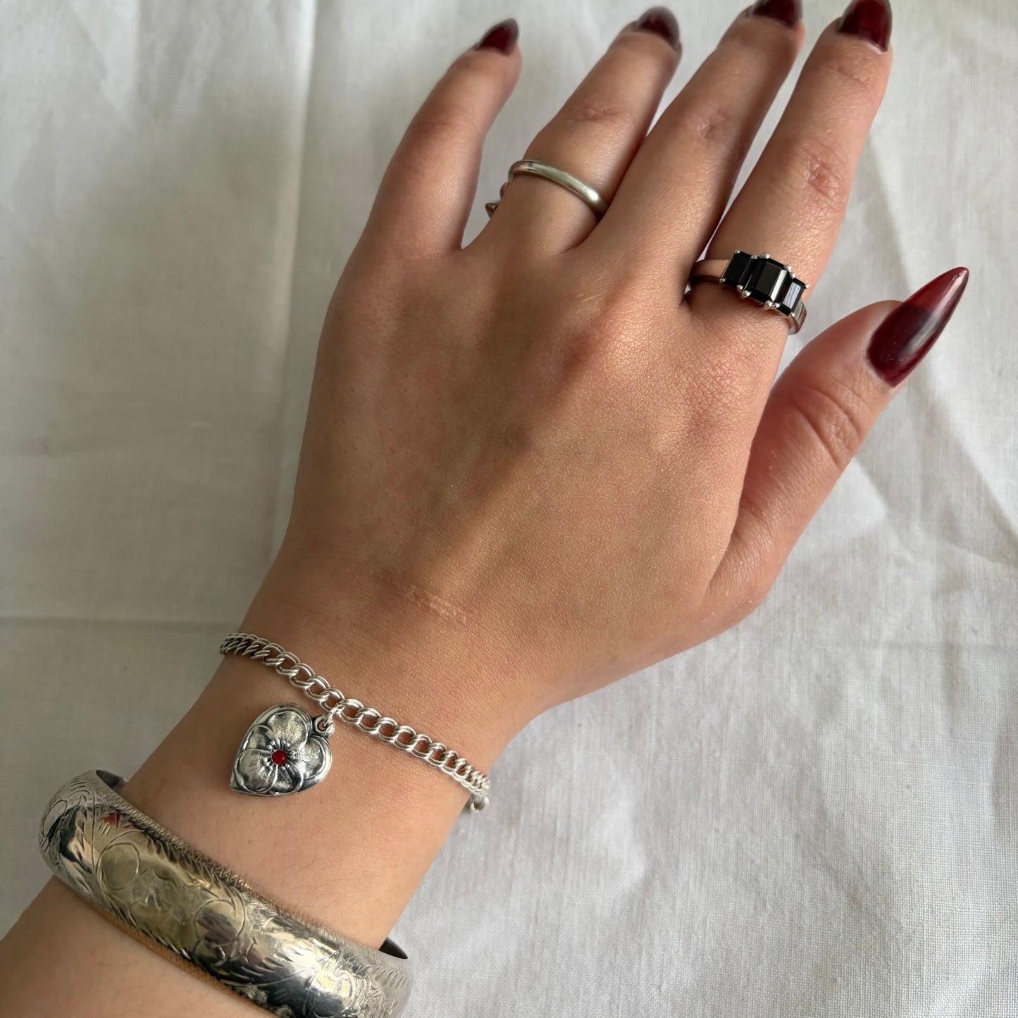 Vintage Sterling Pansy Heart Cham Bracelet