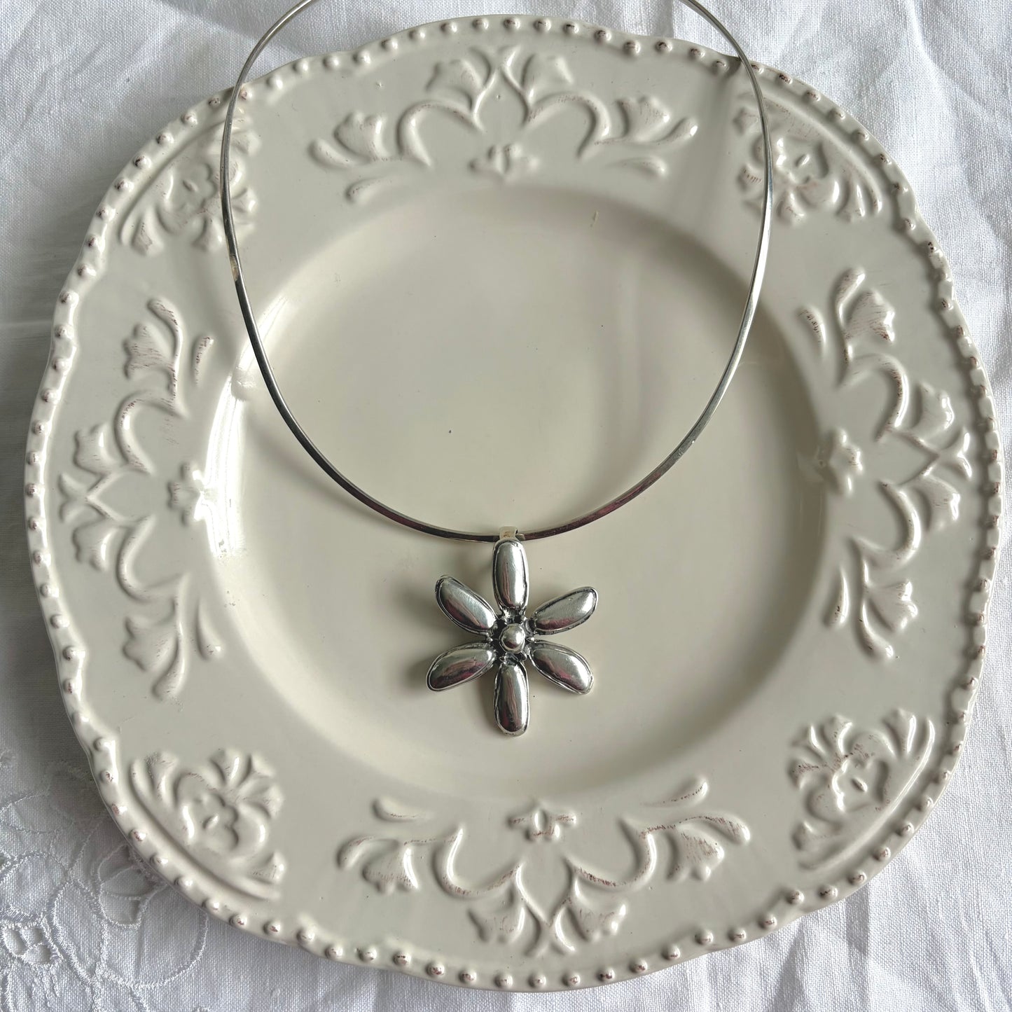 Vintage Sterling Flower Torque Necklace