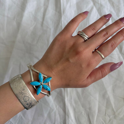 Vintage Sterling Turquoise Flower Cuff