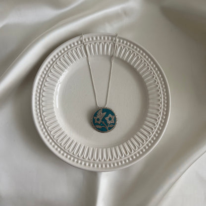 Vintage Sterling Turquoise Inlay Floral Pendant