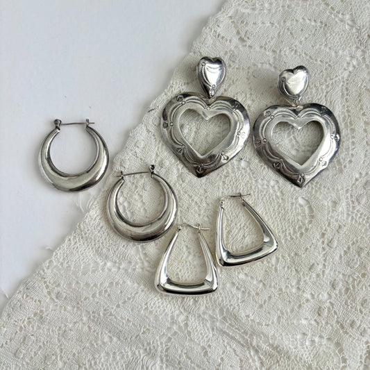 Vintage Sterling Chunky Heart Hoops