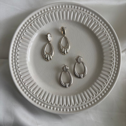Vintage Sterling Ribbed Drop Hoop Earrings