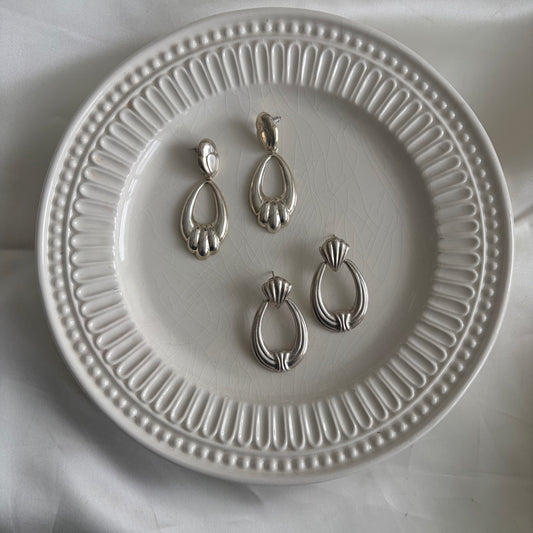 Vintage Sterling Ribbed Drop Hoop Earrings