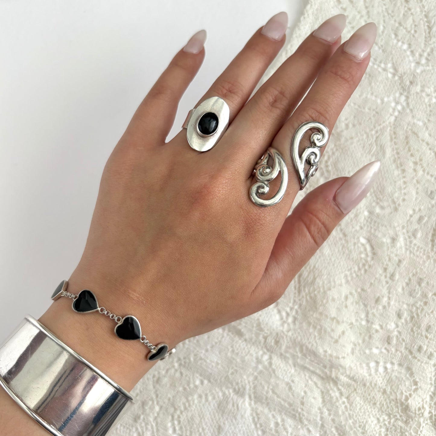 Vintage Sterling Black Onyx Heart Bracelet