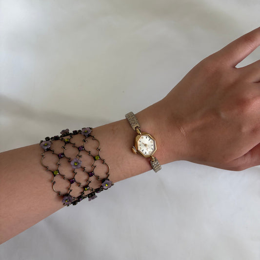 Vintage Floral Lattice Brass Bracelet