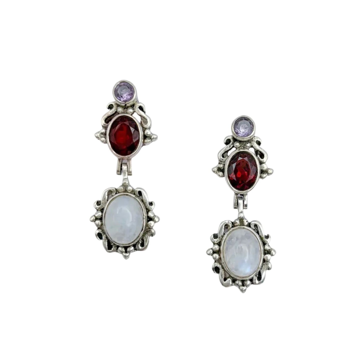 Vintage Sterling Moonstone Garnet Amethyst Earrings