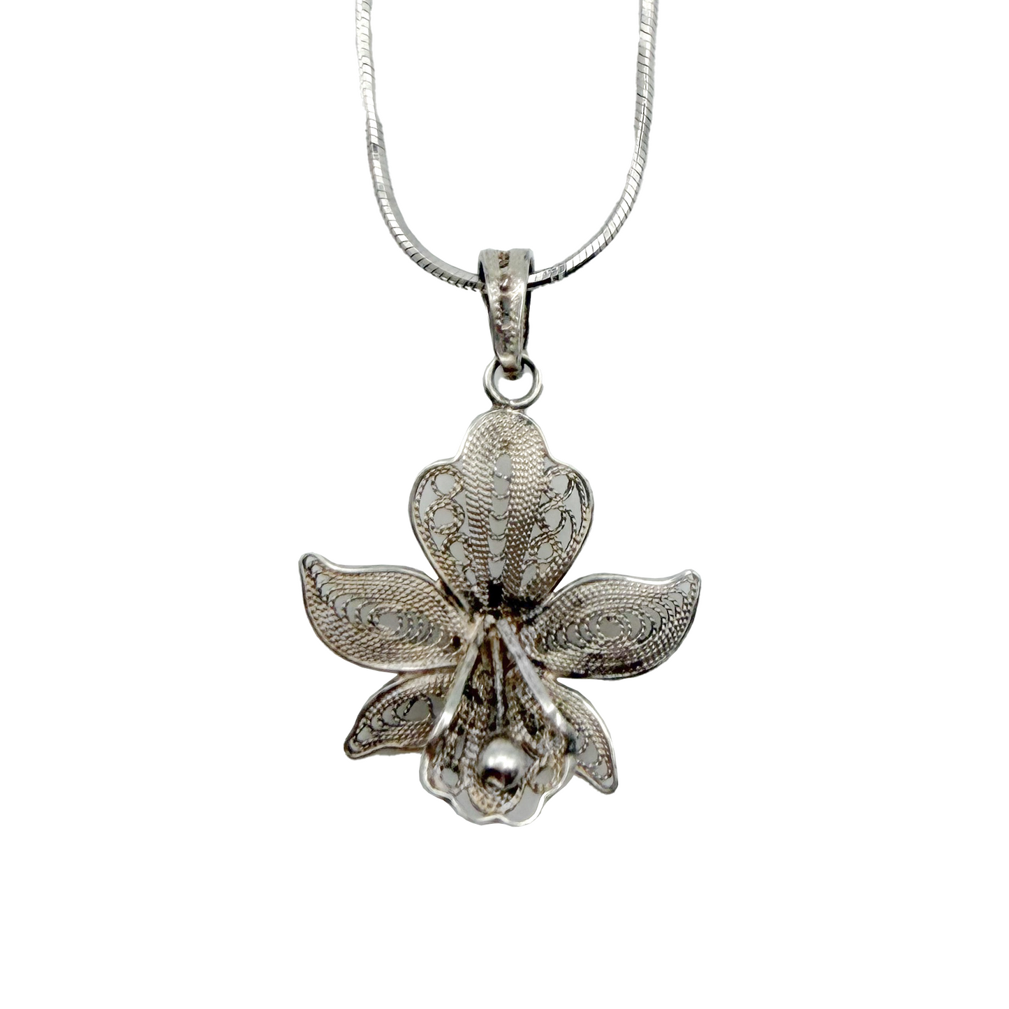 Vintage Sterling Filagree Orchid Flower Necklace