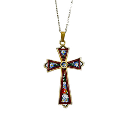 Vintage Micro Mosaic Cross Pendant Necklace