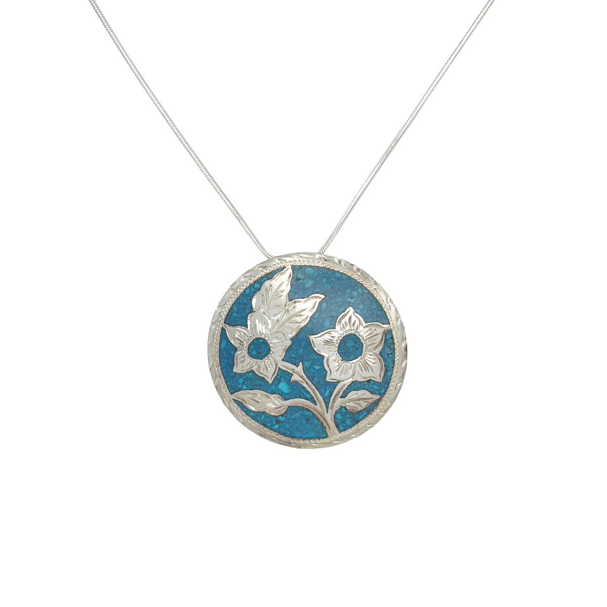 Vintage Sterling Turquoise Inlay Floral Pendant