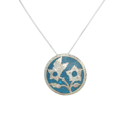 Vintage Sterling Turquoise Inlay Floral Pendant