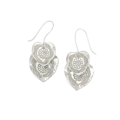 Vintage Sterling Floral Engraved Heart Drop Earrings
