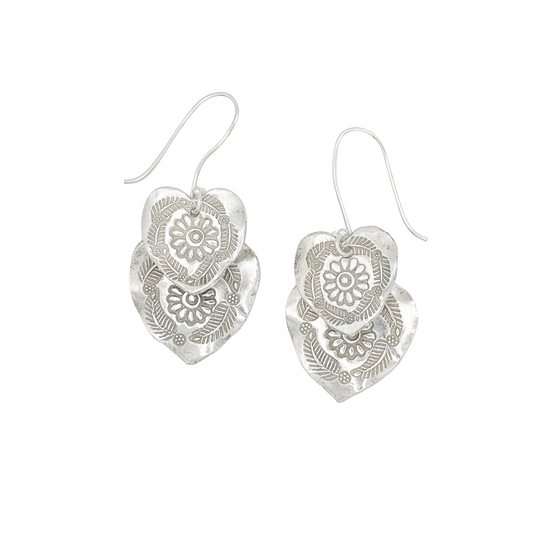Vintage Sterling Floral Engraved Heart Drop Earrings