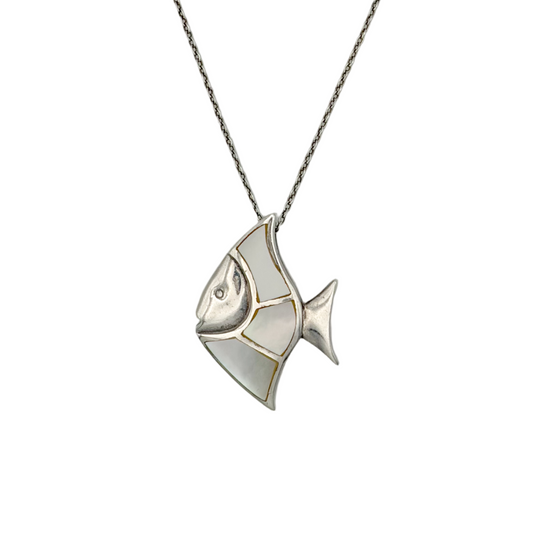 Vintage Sterling Mother of Pearl Fish Necklace