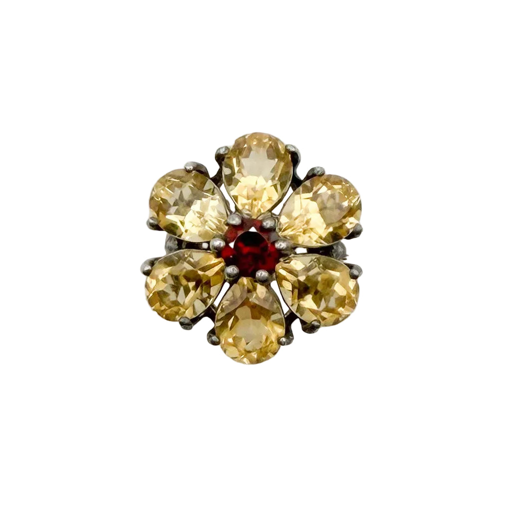 Vintage Sterling Citrine Garnet Flower Ring