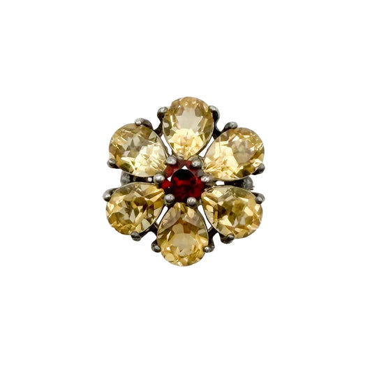 Vintage Sterling Citrine Garnet Flower Ring