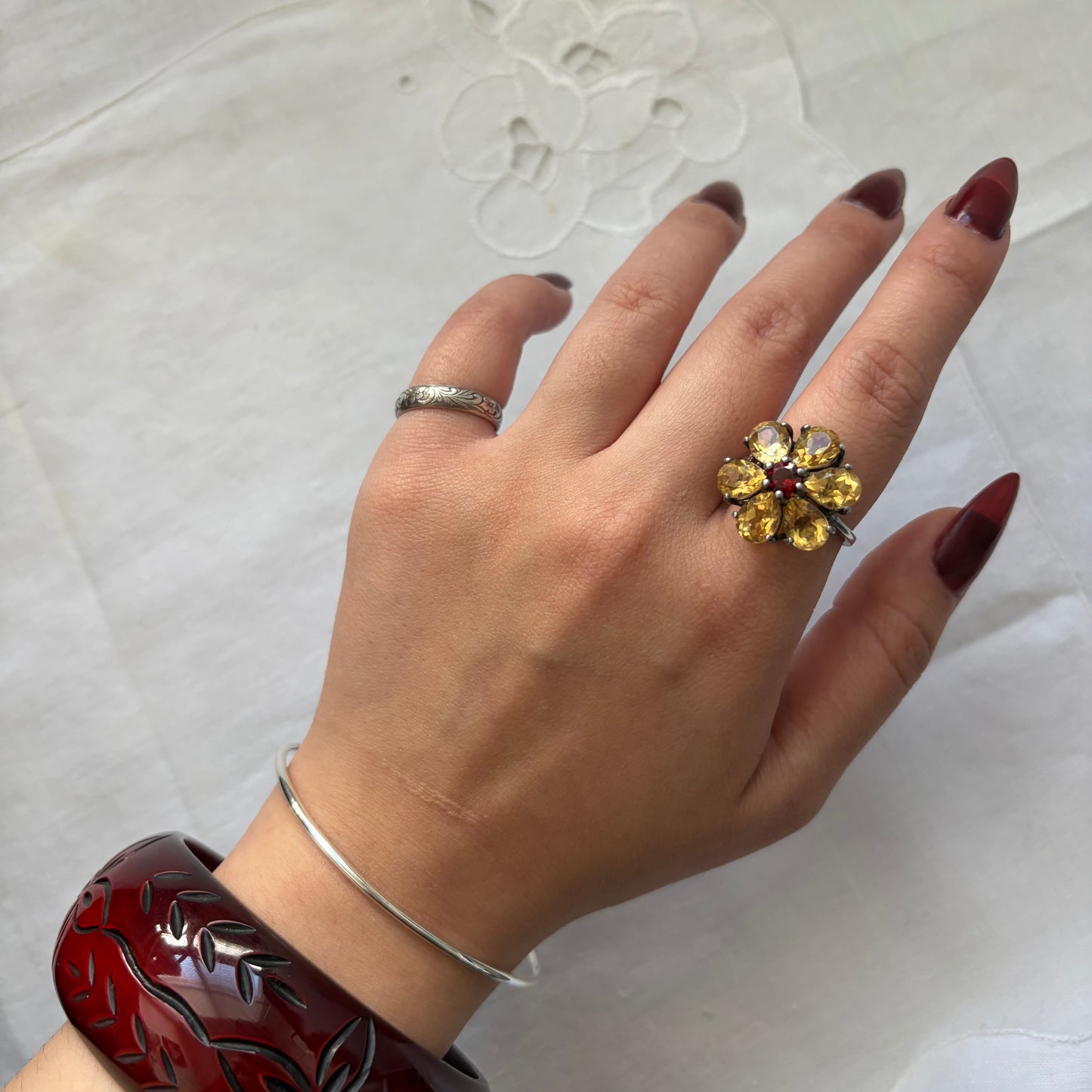 Vintage Sterling Citrine Garnet Flower Ring