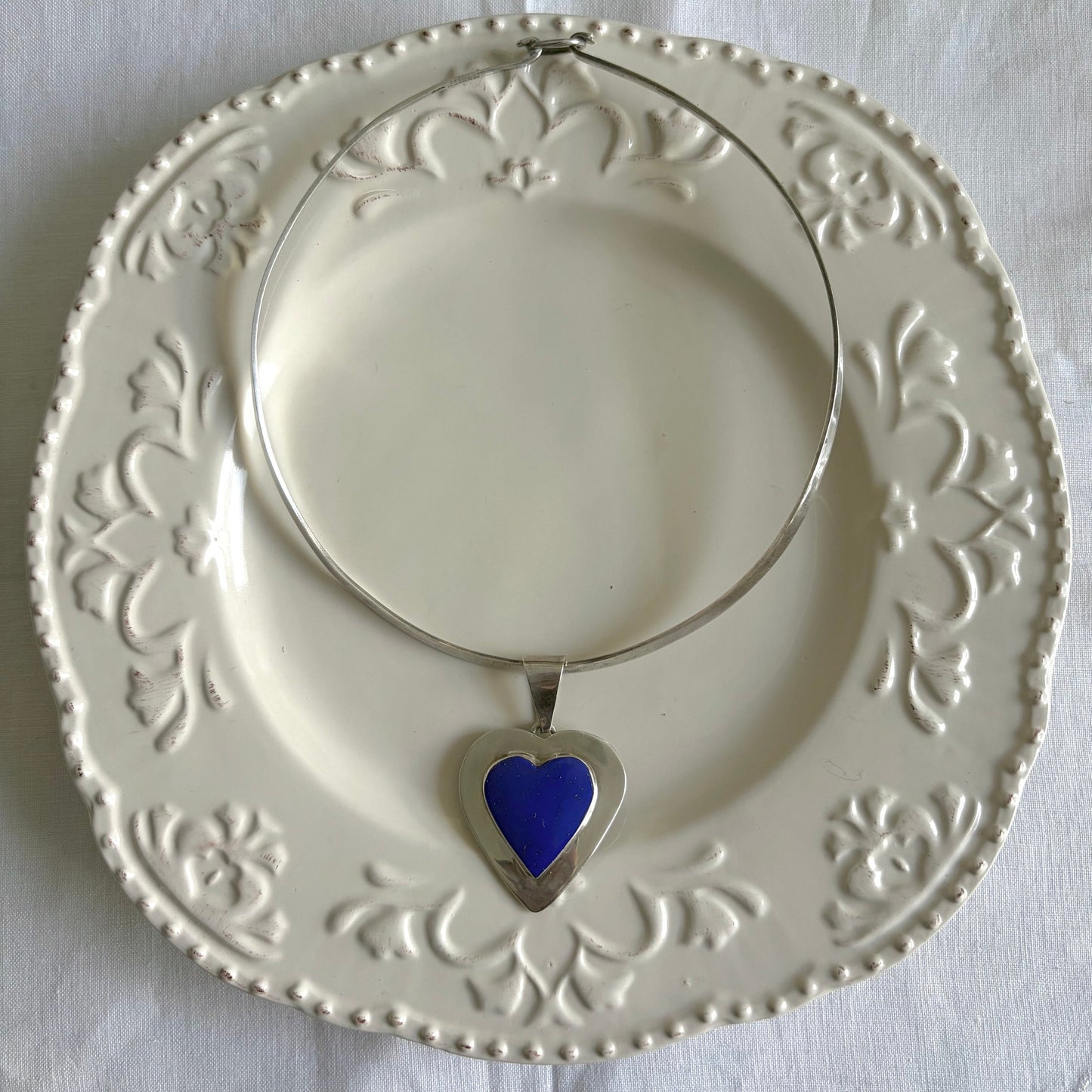 Vintage Sterling Lapis Heart Torque