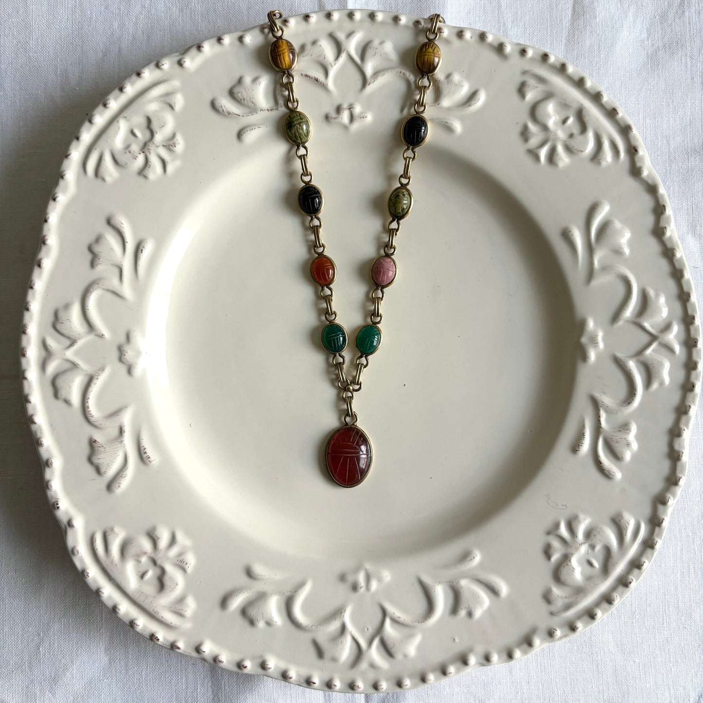 Vintage Gold Filled Scarab Stone Necklace