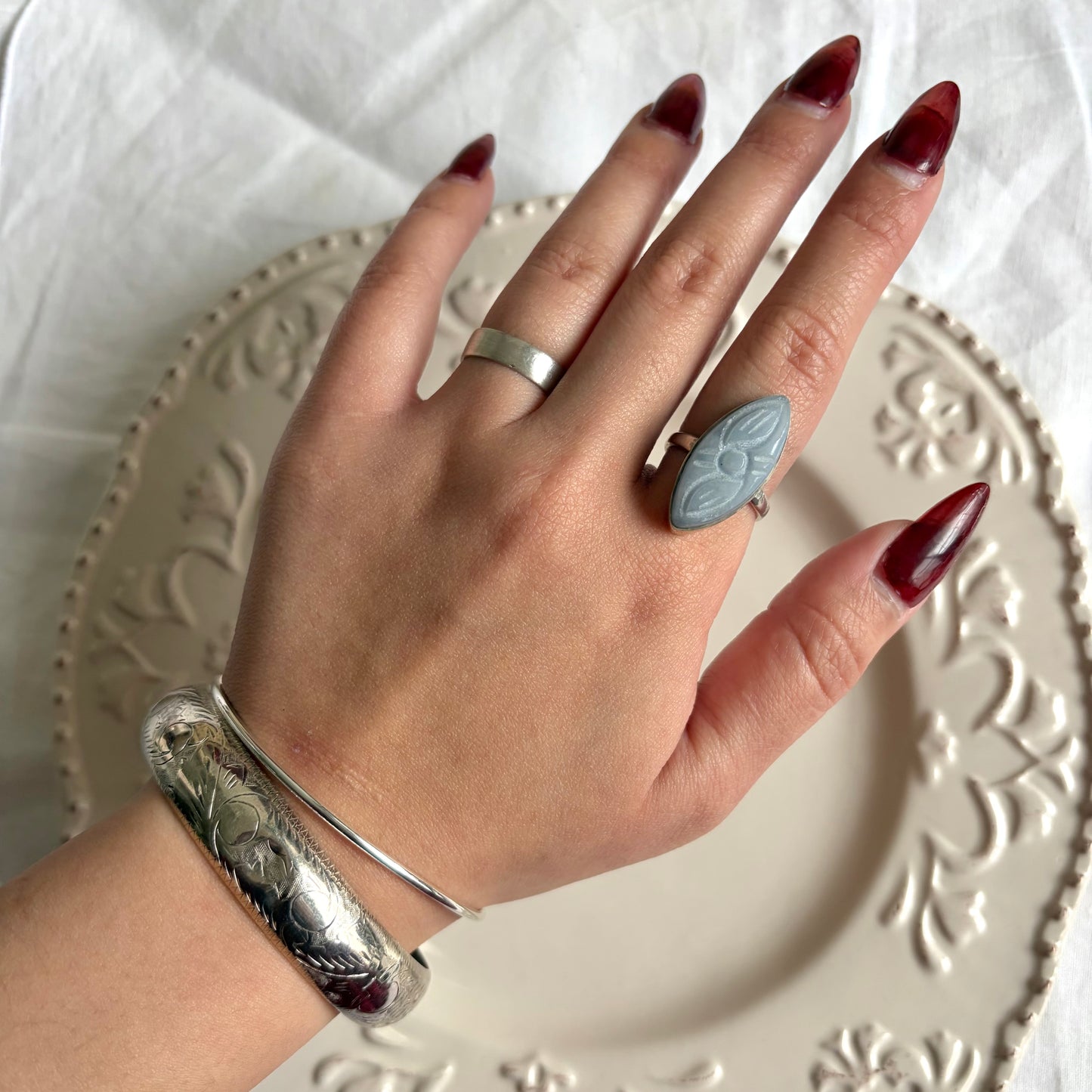 Vintage Sterling Carved Stone Ring