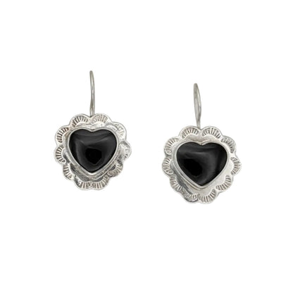 Vintage Sterling Onyx Heart Earrings