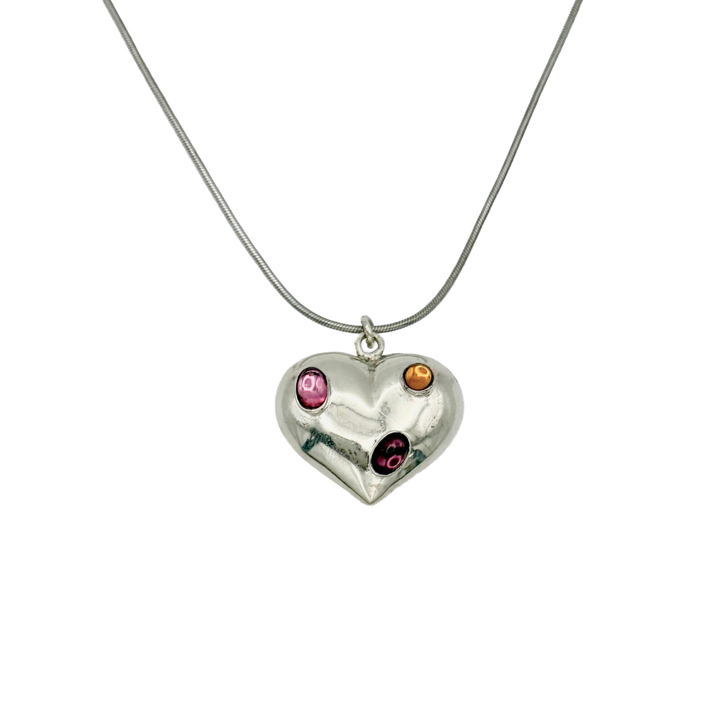 Modernist Sterling Multi Stone Puffy Heart Necklace